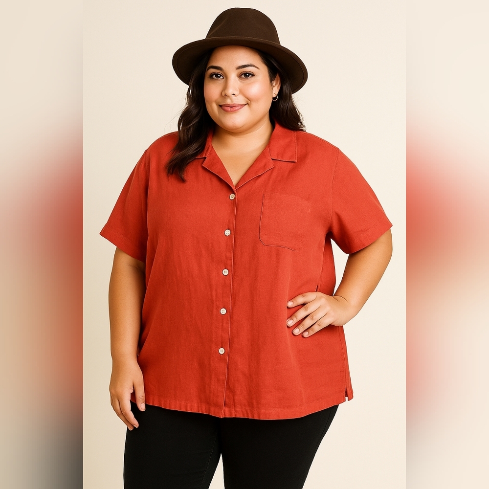 Ab) White Stag Plus Size 22–24 Linen Blend Button Down Shirt – Reddish Orange